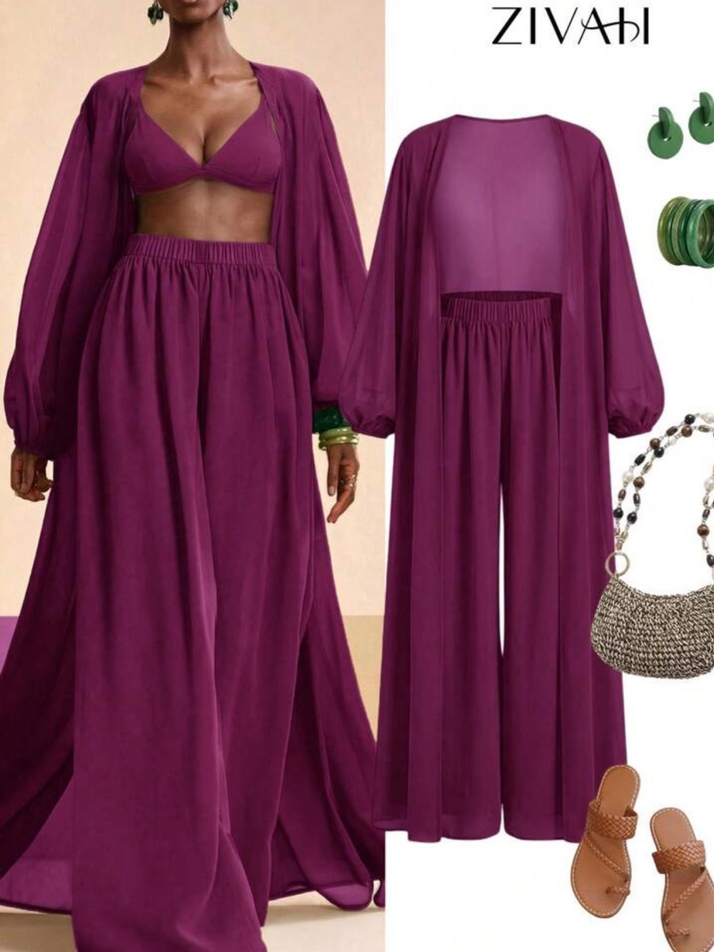 Plum Wide-Leg Chiffon Pants With Matching Long Lightweight Shirt Top
